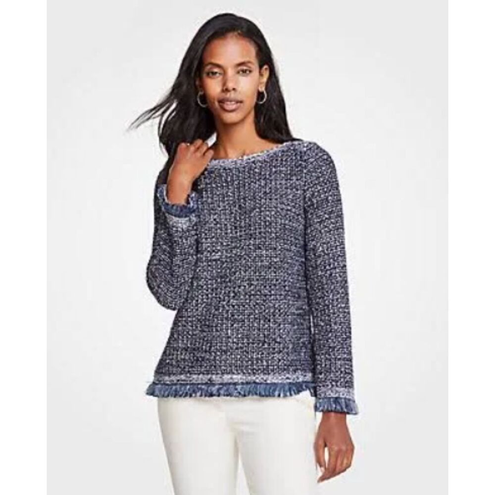 Ann Taylor Sequin Fringe Pullover Sweater Night Sky Blue Festive Chic Sz M